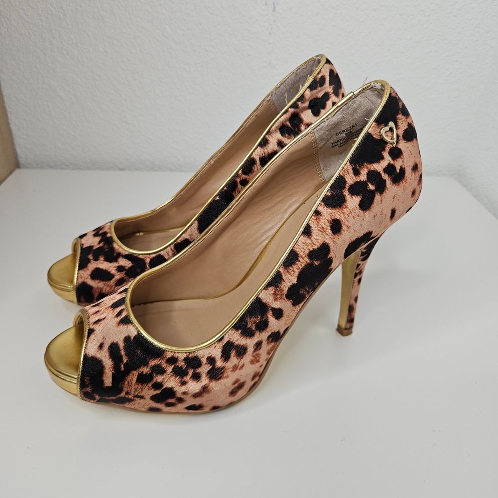 Thalia Sodi Cerezaleo Leopard Print and Gold Stiletto Heels, Size 9